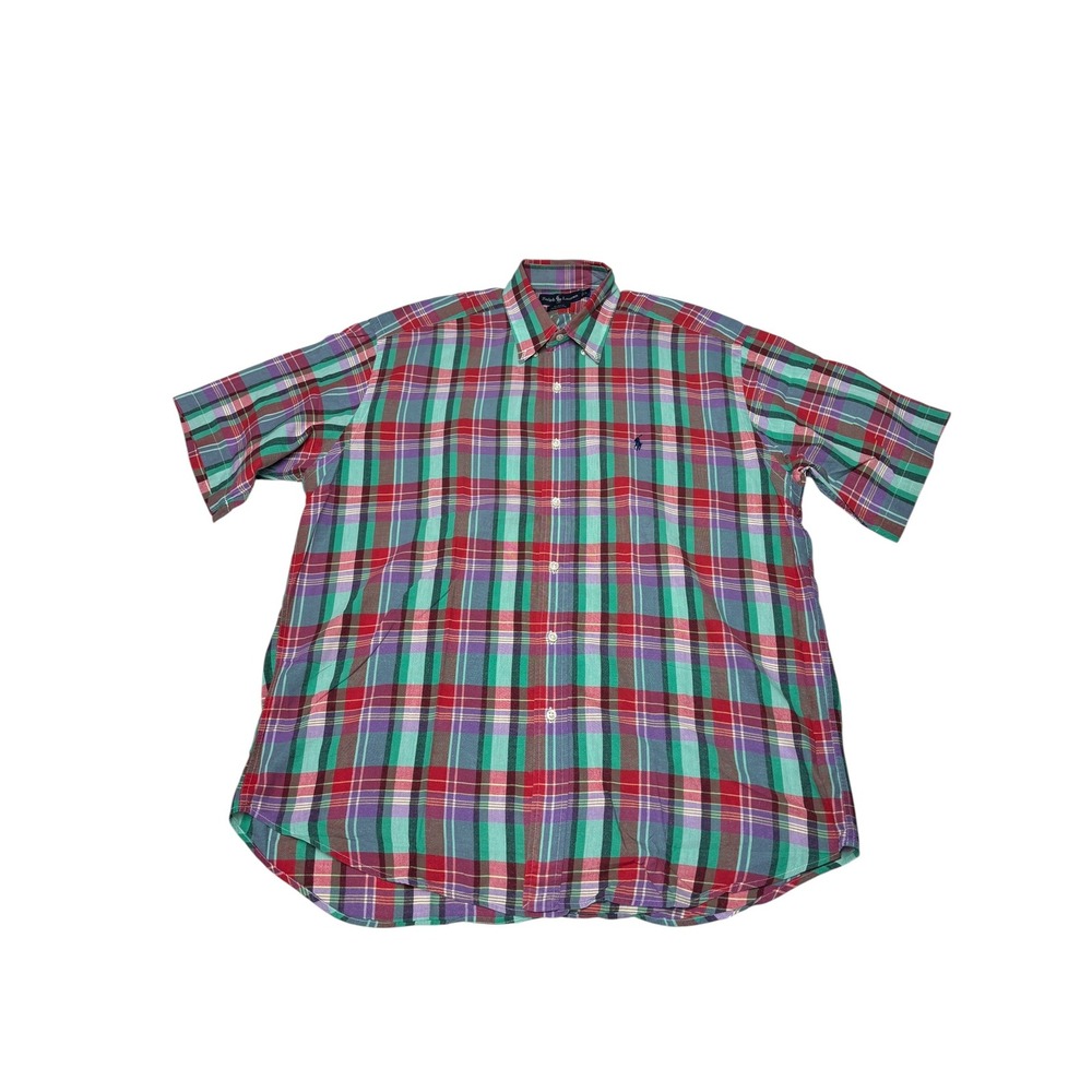 Ralph Lauren Blake Mens Large Short Sleeve Plaid Button Down Shirt Green Red L